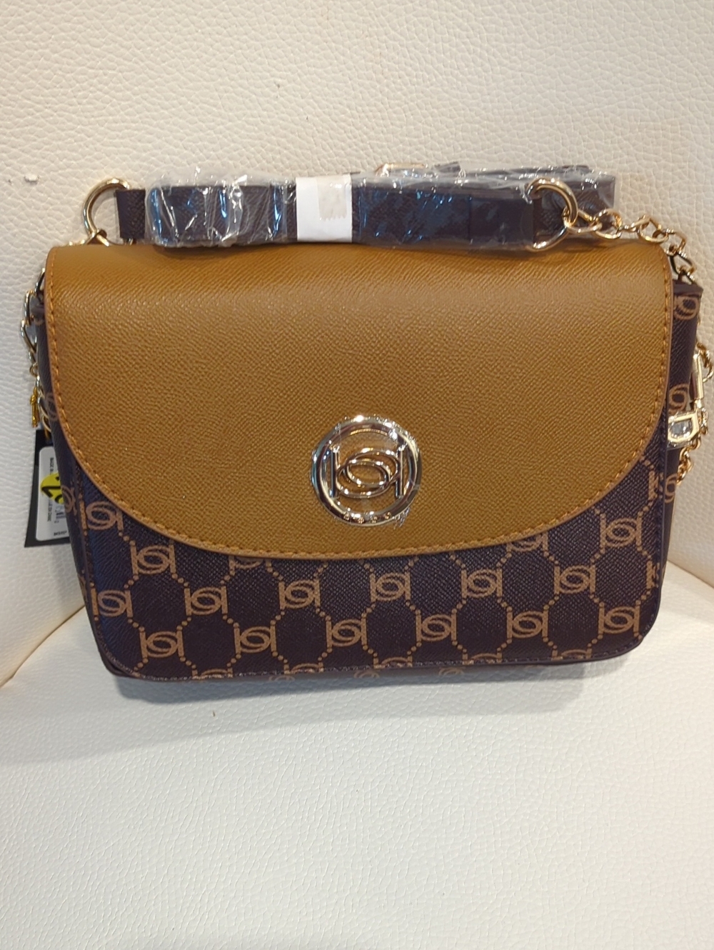 bebe Brown & Tan Logo-Print Crossbody with Gold Accent